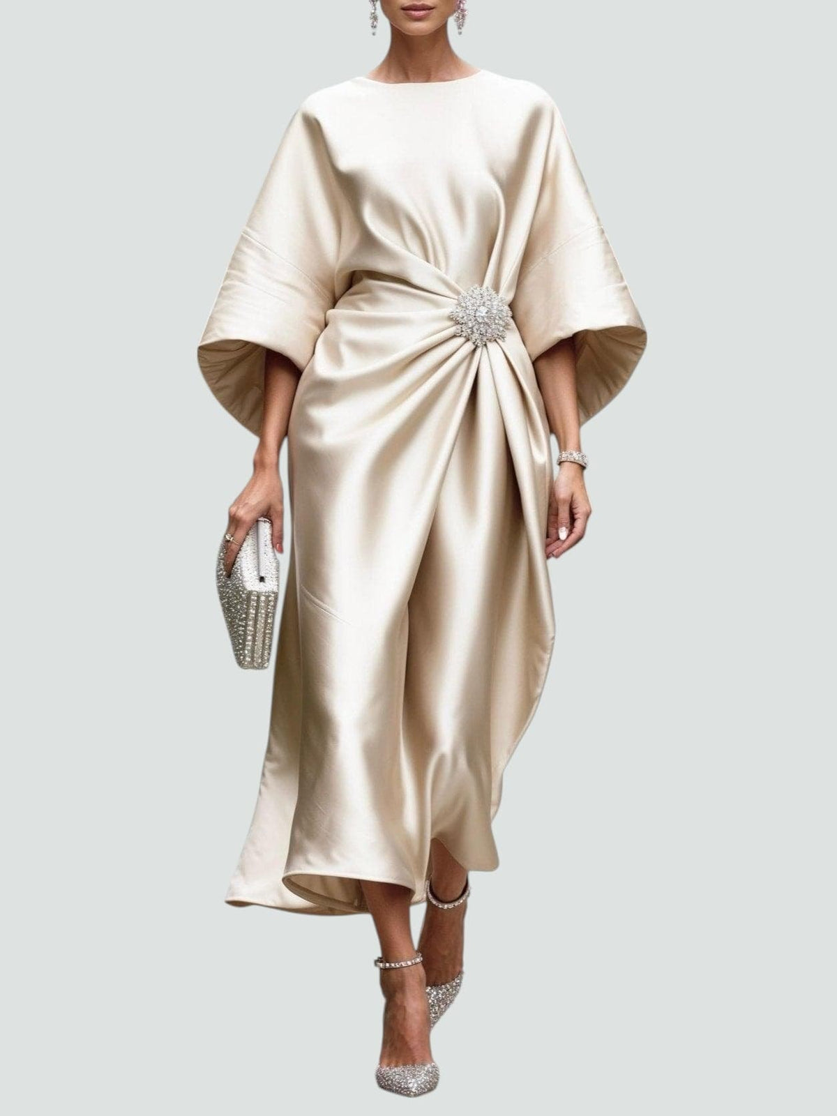 Amara | Draped Brooch Maxi Dress with Cape Sleeves Formal Gown