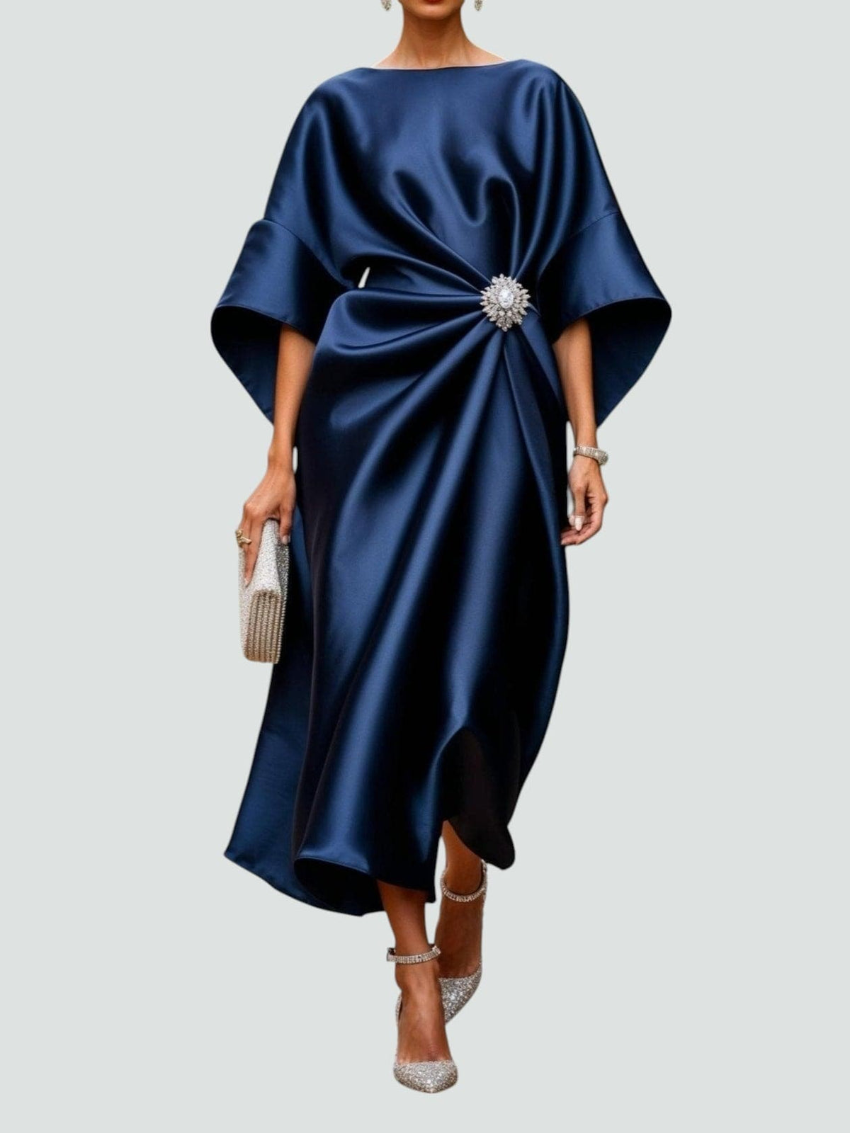 Amara | Draped Brooch Maxi Dress with Cape Sleeves Formal Gown