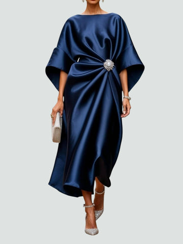 Amara | Draped Brooch Maxi Dress with Cape Sleeves Formal Gown