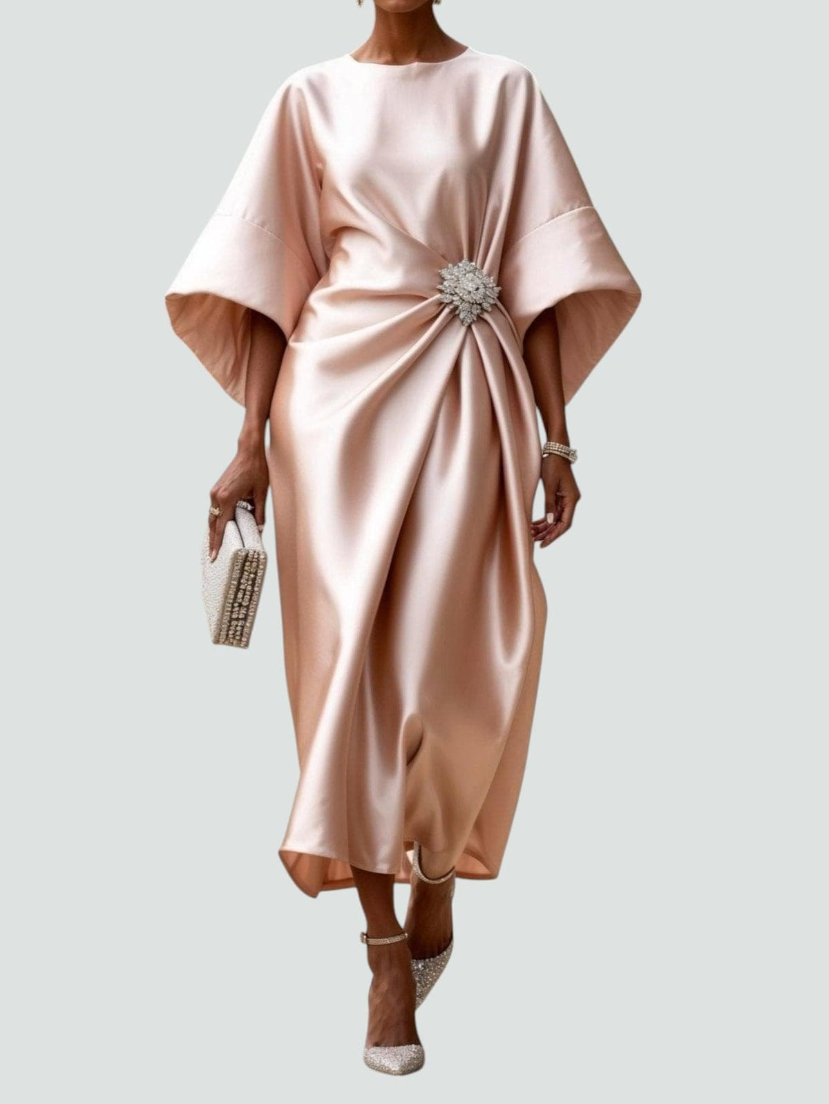 Amara | Draped Brooch Maxi Dress with Cape Sleeves Formal Gown