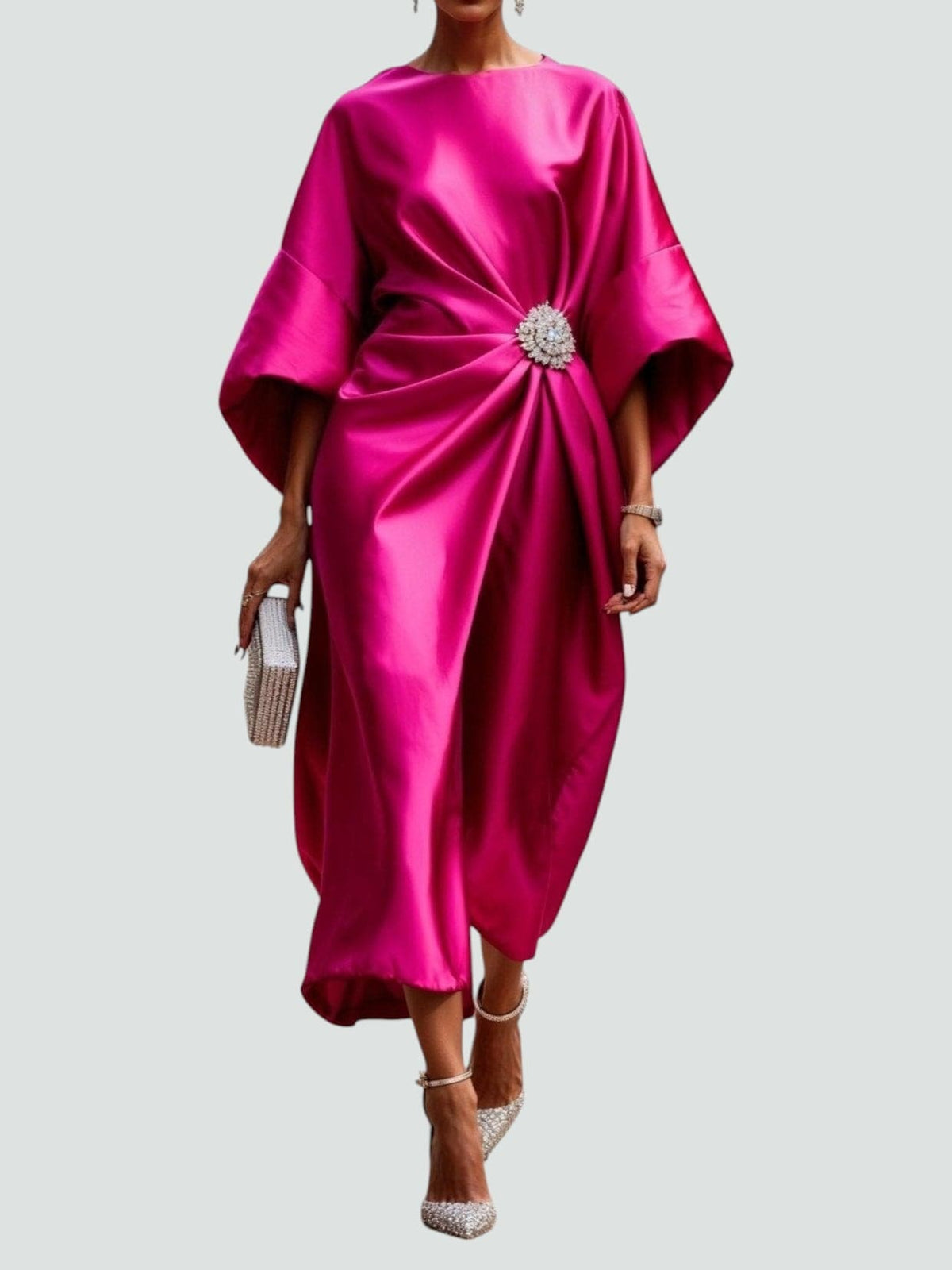 Amara | Draped Brooch Maxi Dress with Cape Sleeves Formal Gown