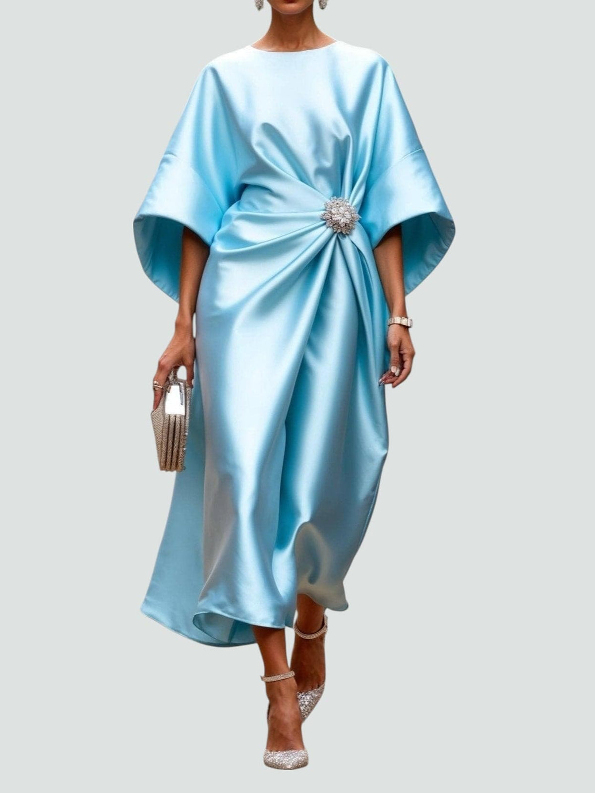 Amara | Draped Brooch Maxi Dress with Cape Sleeves Formal Gown