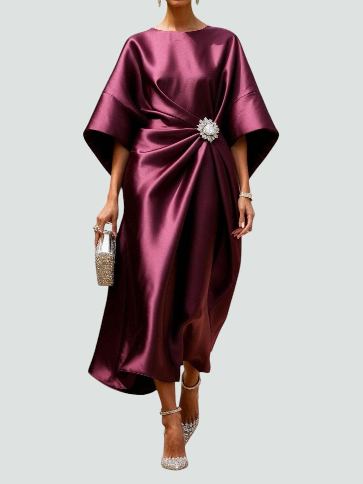 Amara | Draped Brooch Maxi Dress with Cape Sleeves Formal Gown