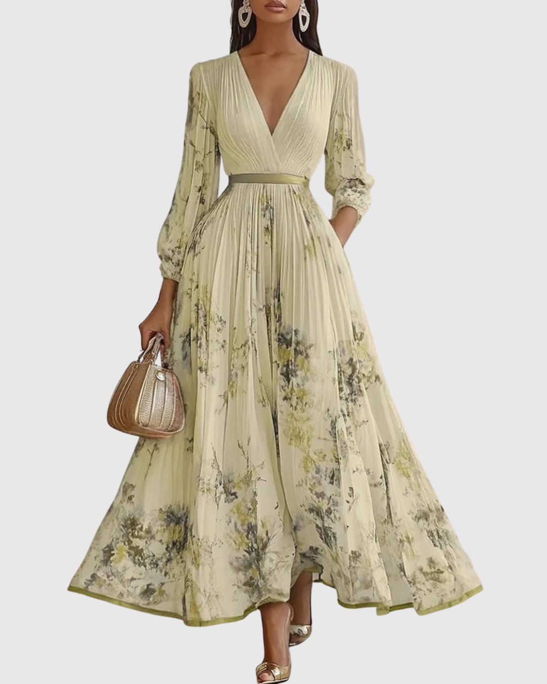 Aubrey | Floral Pleated V Neck Maxi Dress with Belt