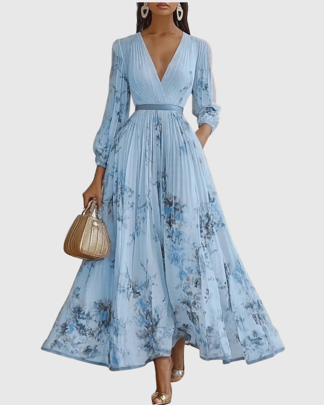 Aubrey | Floral Pleated V Neck Maxi Dress with Belt