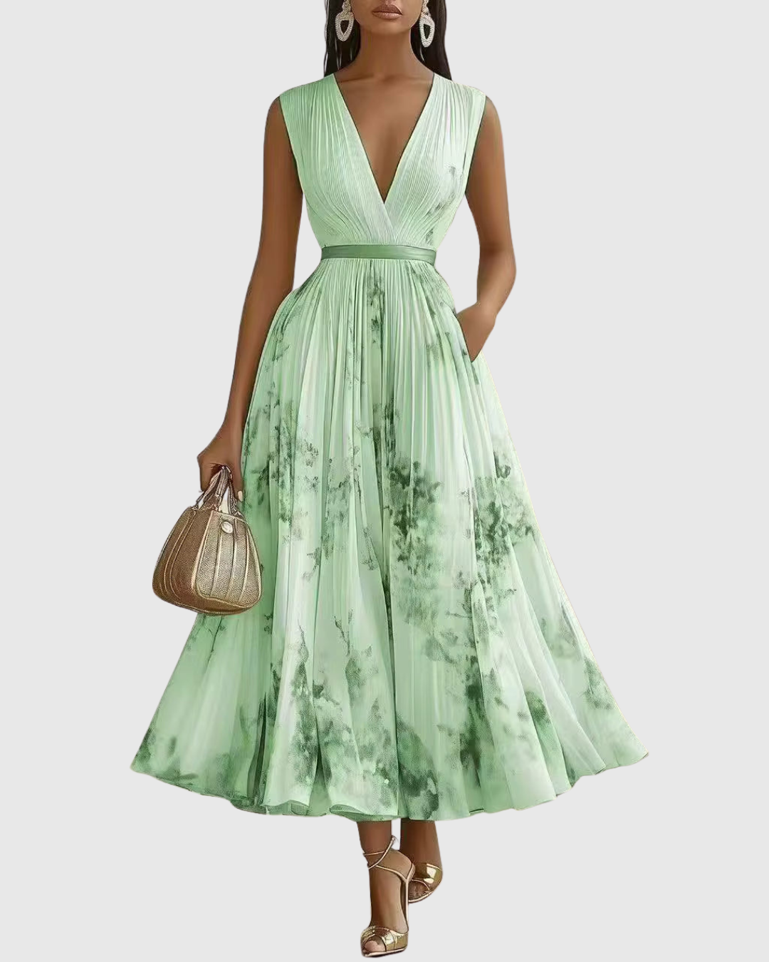 Aubrey | Floral Pleated V Neck Maxi Dress with Belt