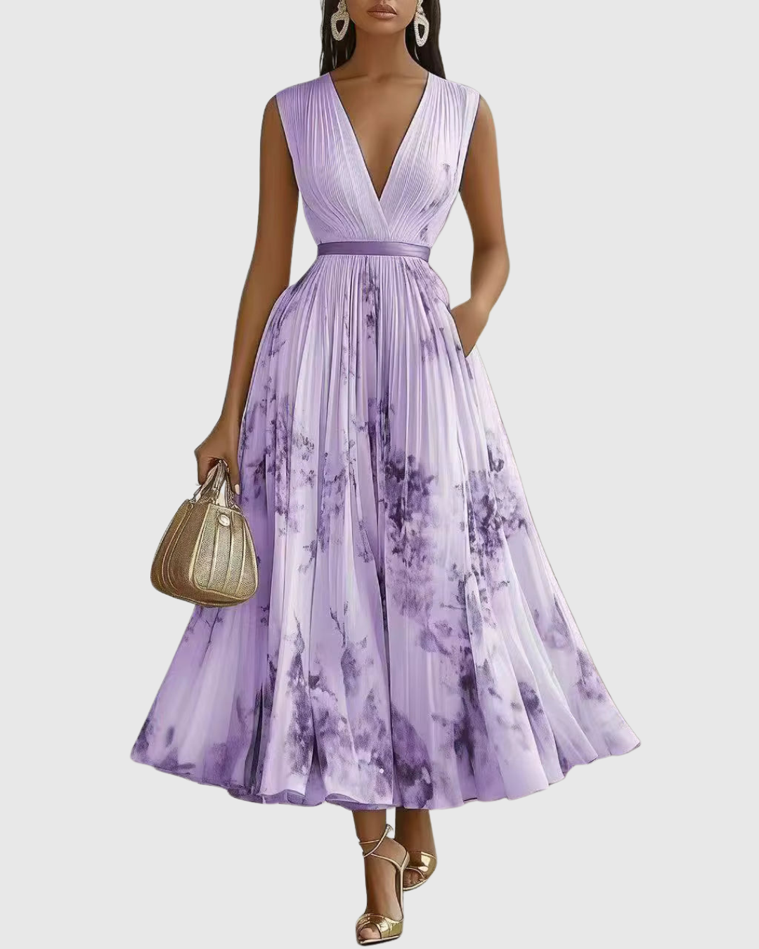 Aubrey | Floral Pleated V Neck Maxi Dress with Belt