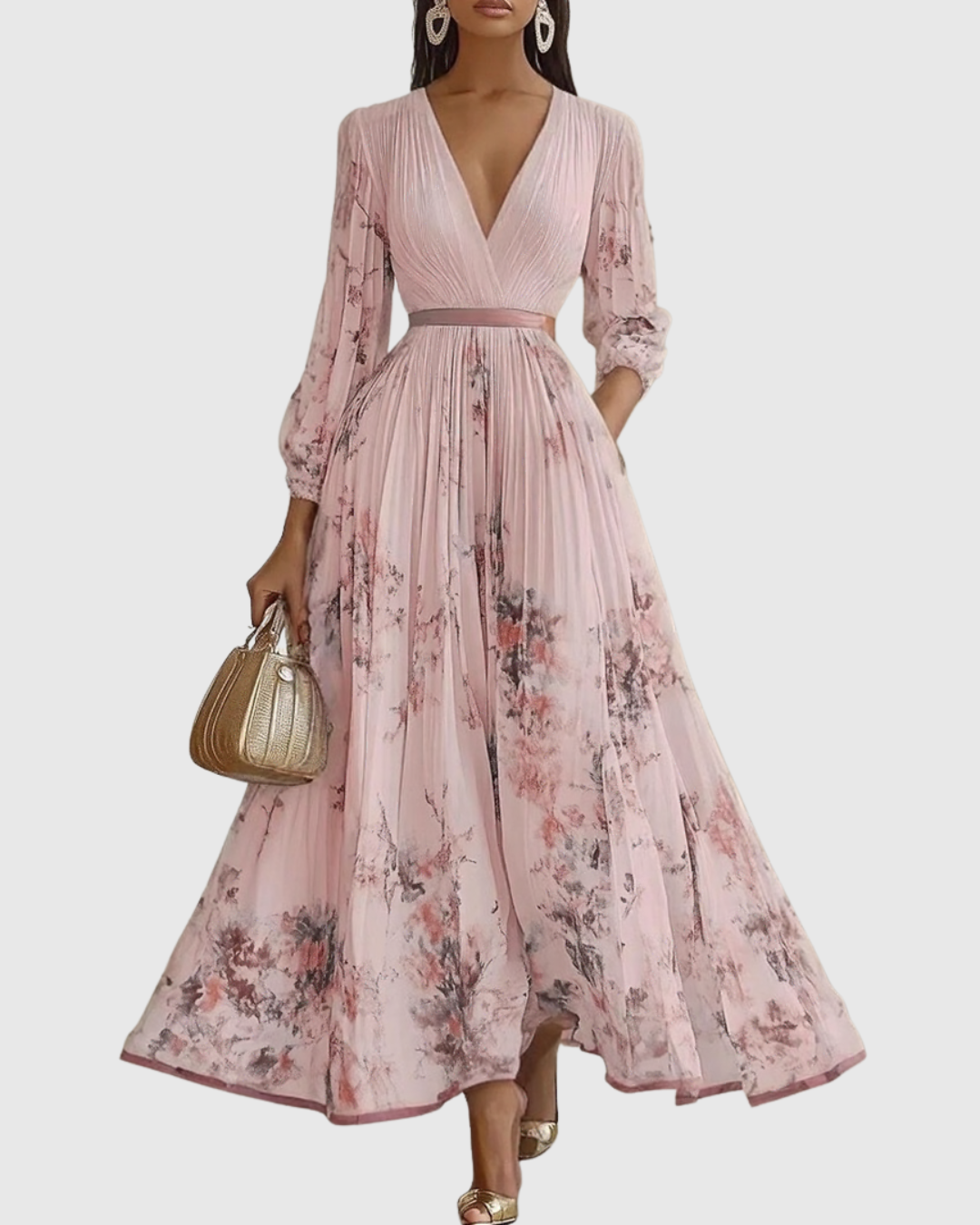 Aubrey | Floral Pleated V Neck Maxi Dress with Belt