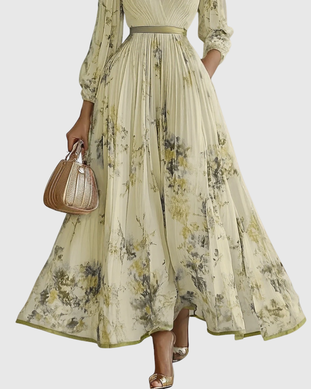 Aubrey | Floral Pleated V Neck Maxi Dress with Belt