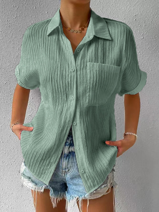 Emily | Crinkle Button Up Short Sleeve Shirt