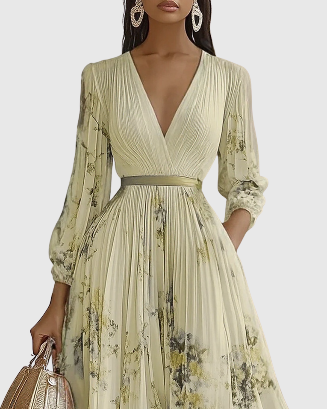 Aubrey | Floral Pleated V Neck Maxi Dress with Belt