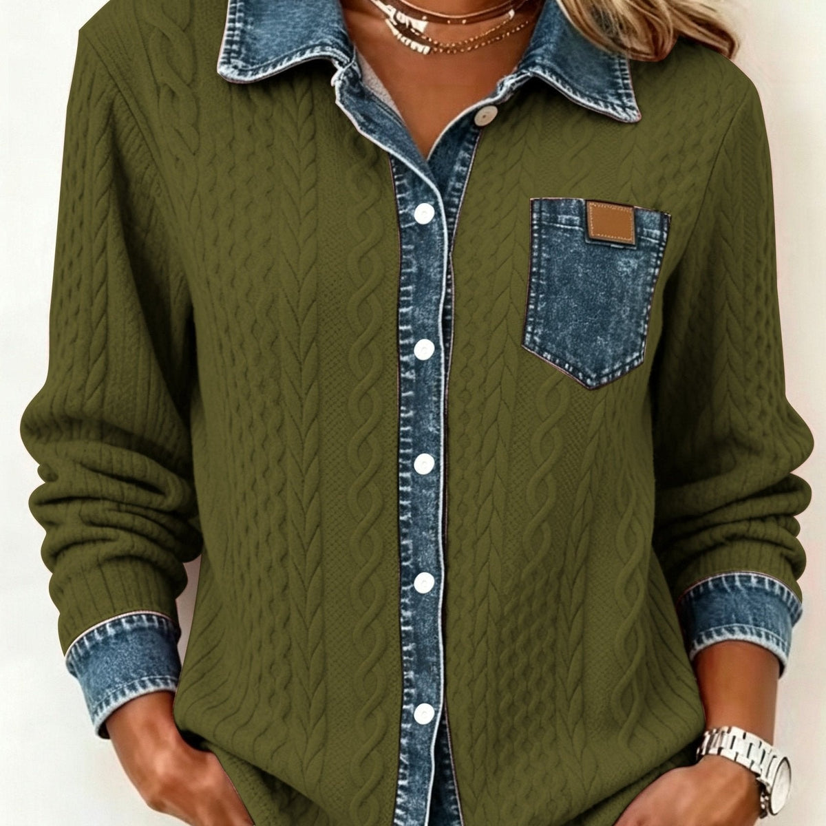 Florence | Cable Knit Denim Collar Button Up Shirt
