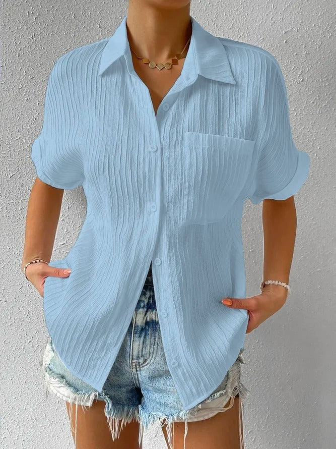 Emily | Crinkle Button Up Short Sleeve Shirt