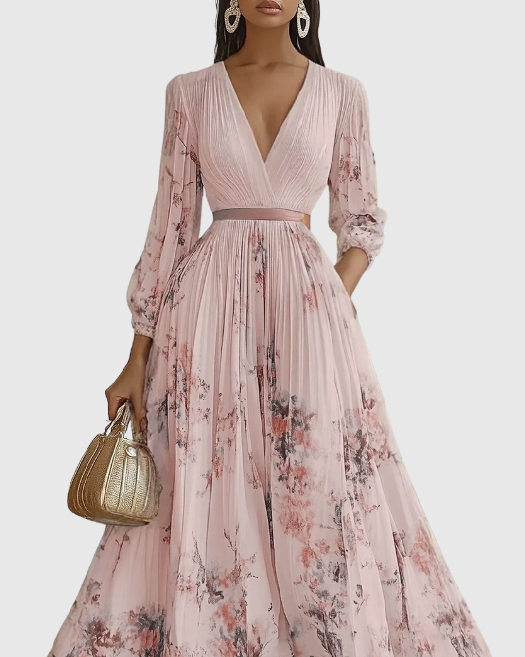 Aubrey | Floral Pleated V Neck Maxi Dress with Belt