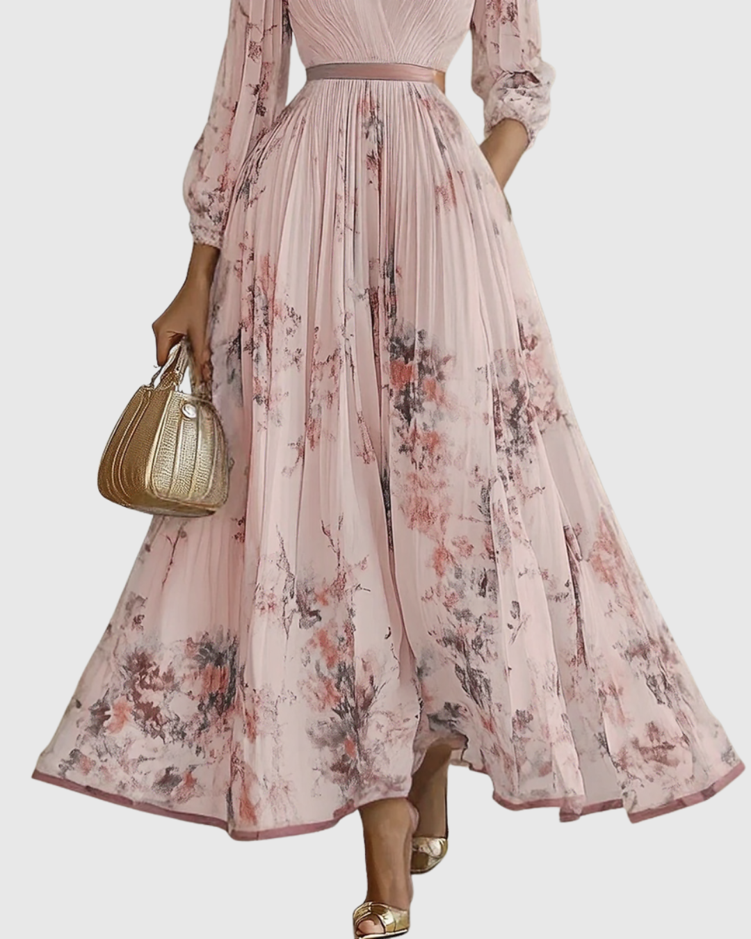 Aubrey | Floral Pleated V Neck Maxi Dress with Belt