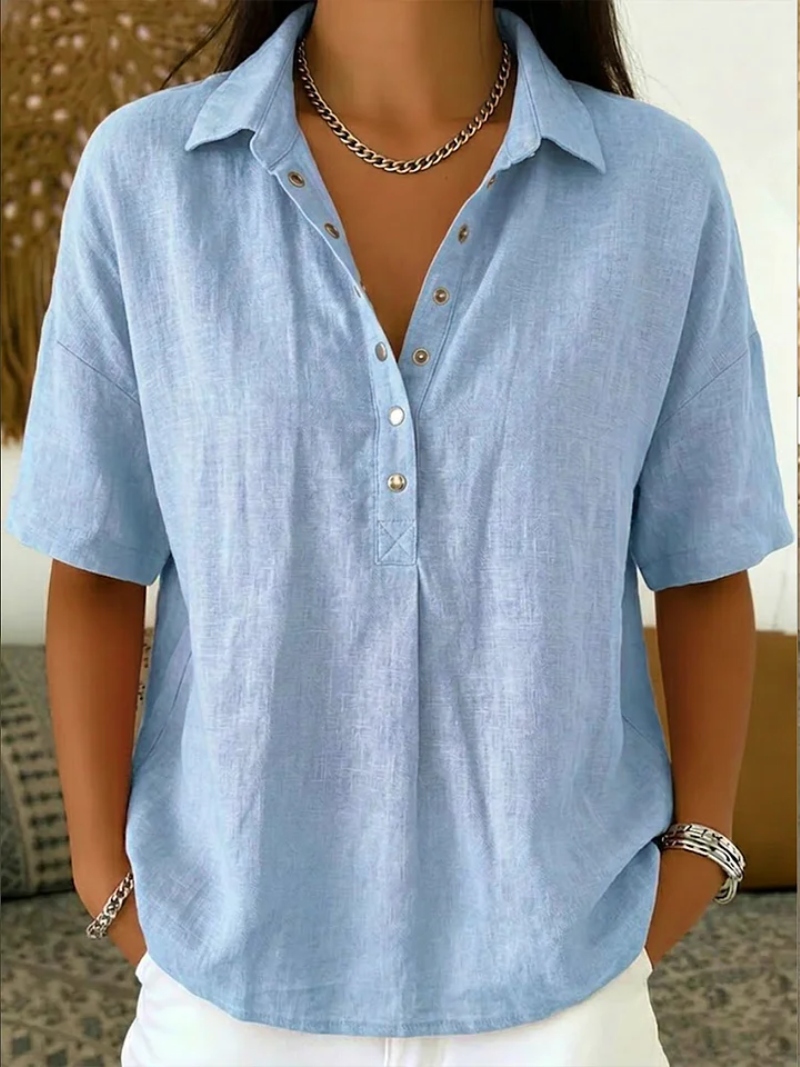 Phoebe | Oversized Button Up Shirt Short Sleeve Collared Blouse