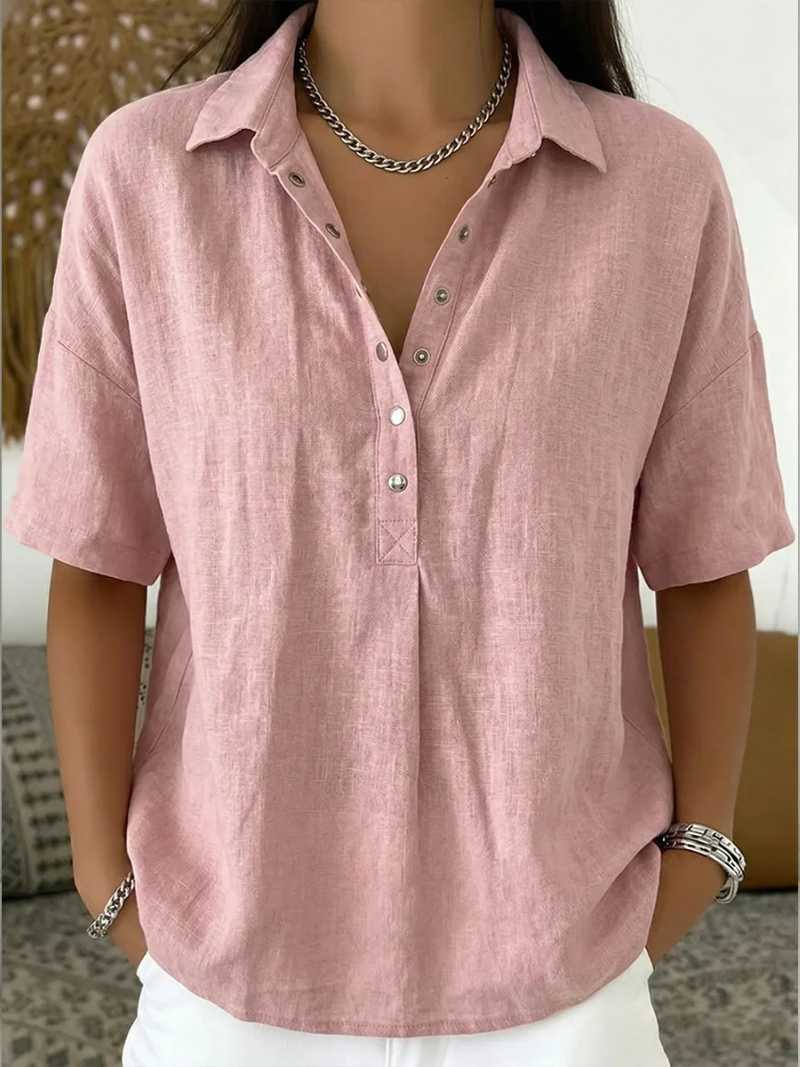 Phoebe | Oversized Button Up Shirt Short Sleeve Collared Blouse