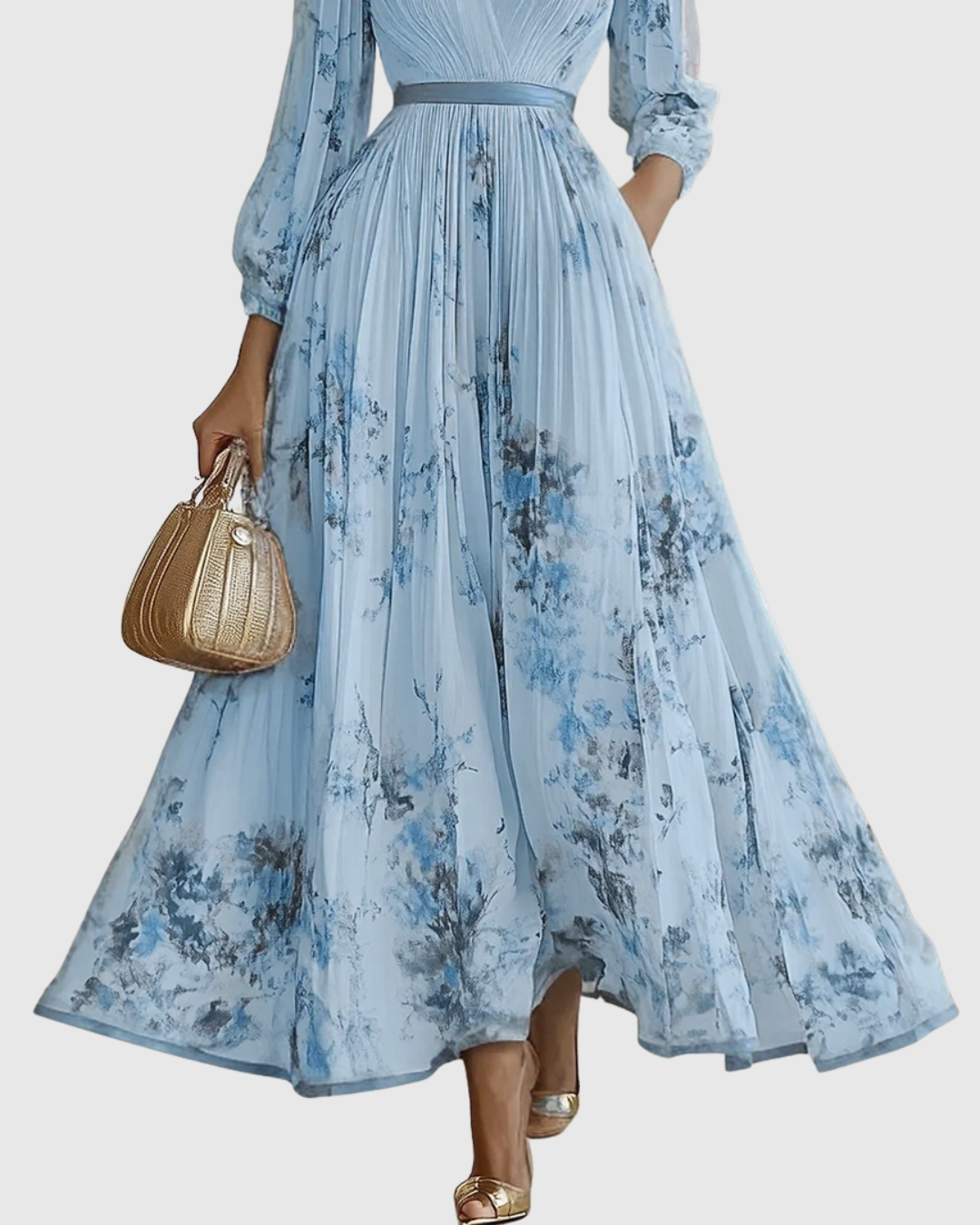 Aubrey | Floral Pleated V Neck Maxi Dress with Belt