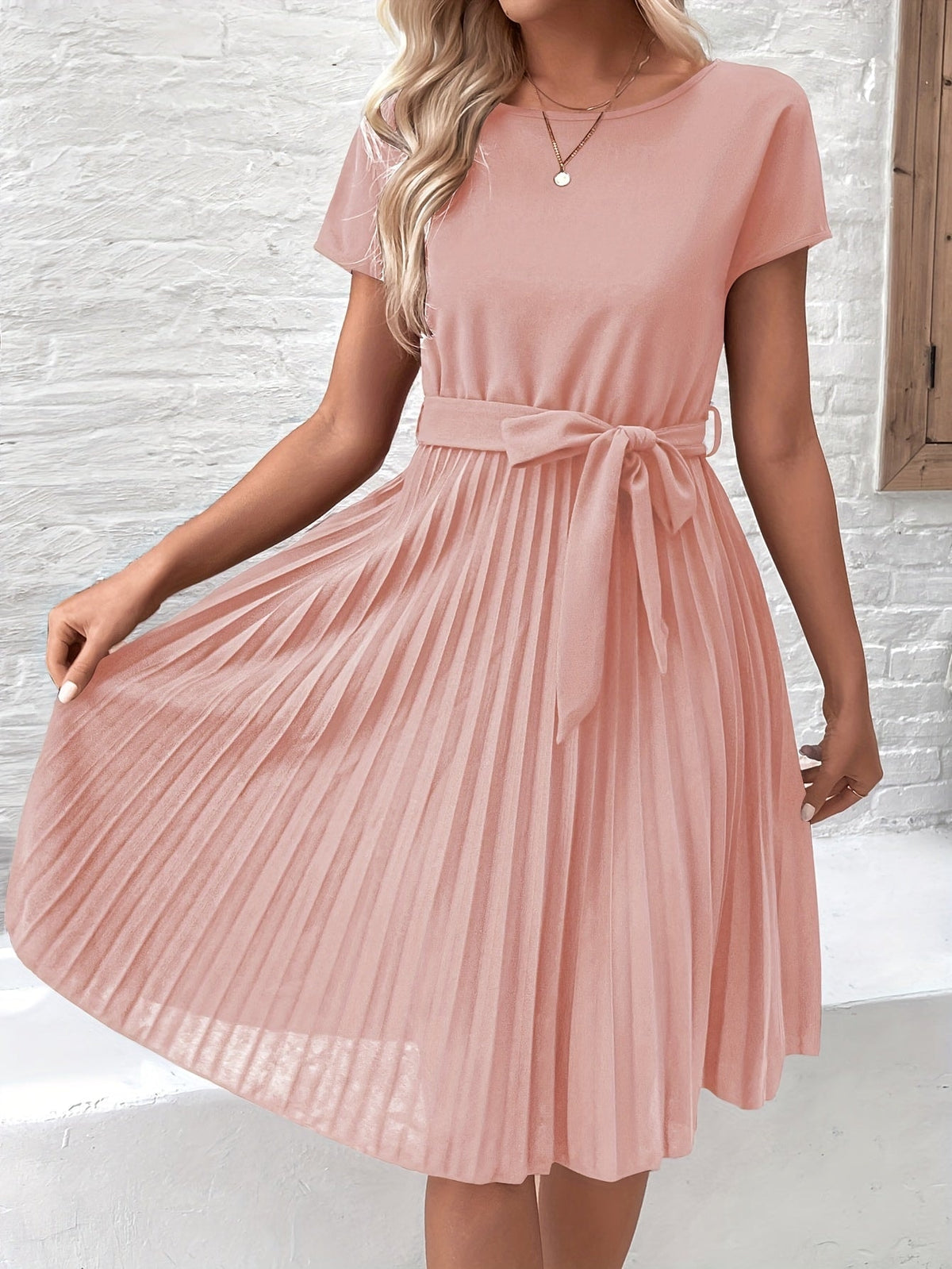 Aria | Pleated Midi Dress Tie Waist Short Sleeve