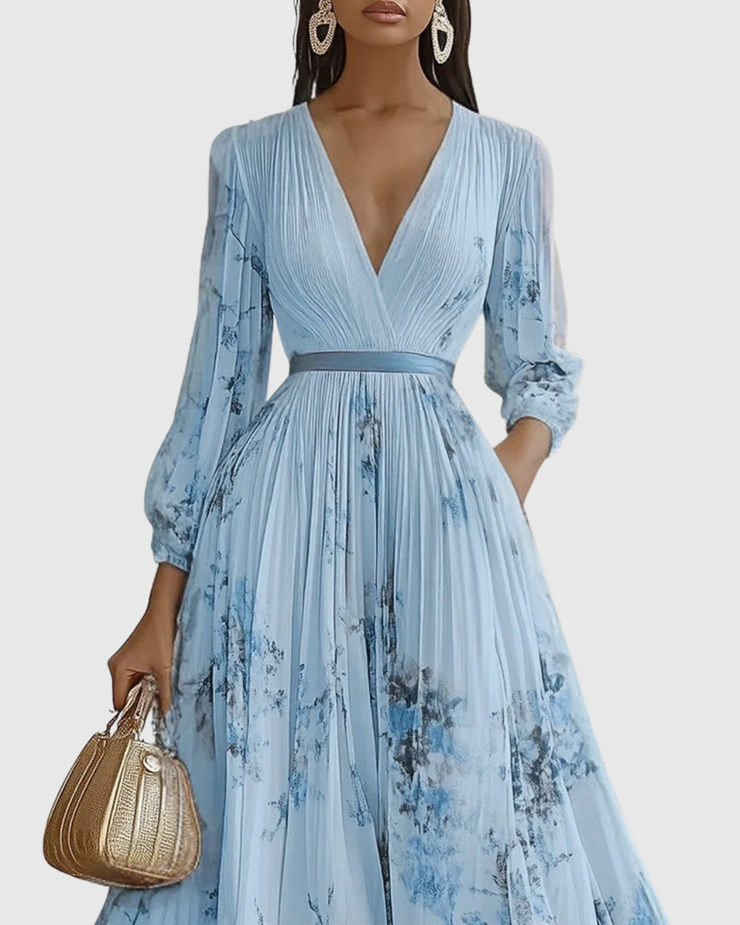 Aubrey | Floral Pleated V Neck Maxi Dress with Belt