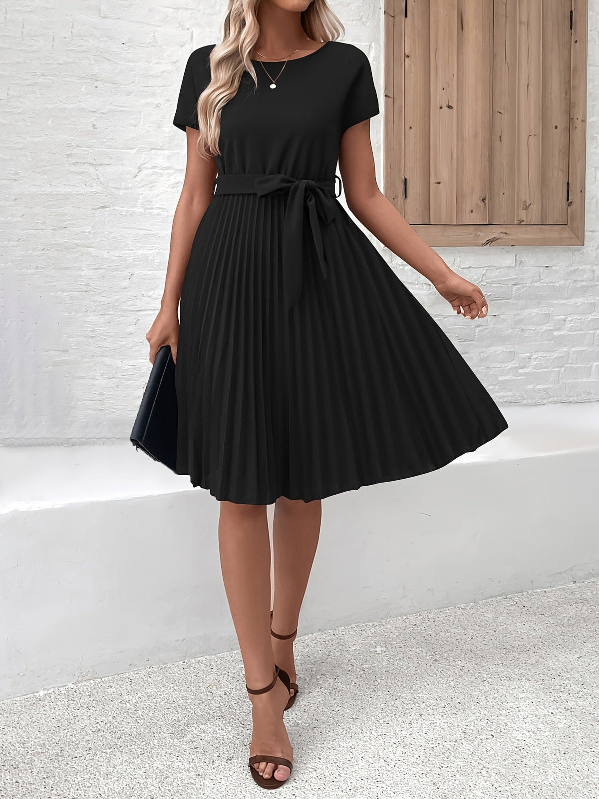 Aria | Pleated Midi Dress Tie Waist Short Sleeve