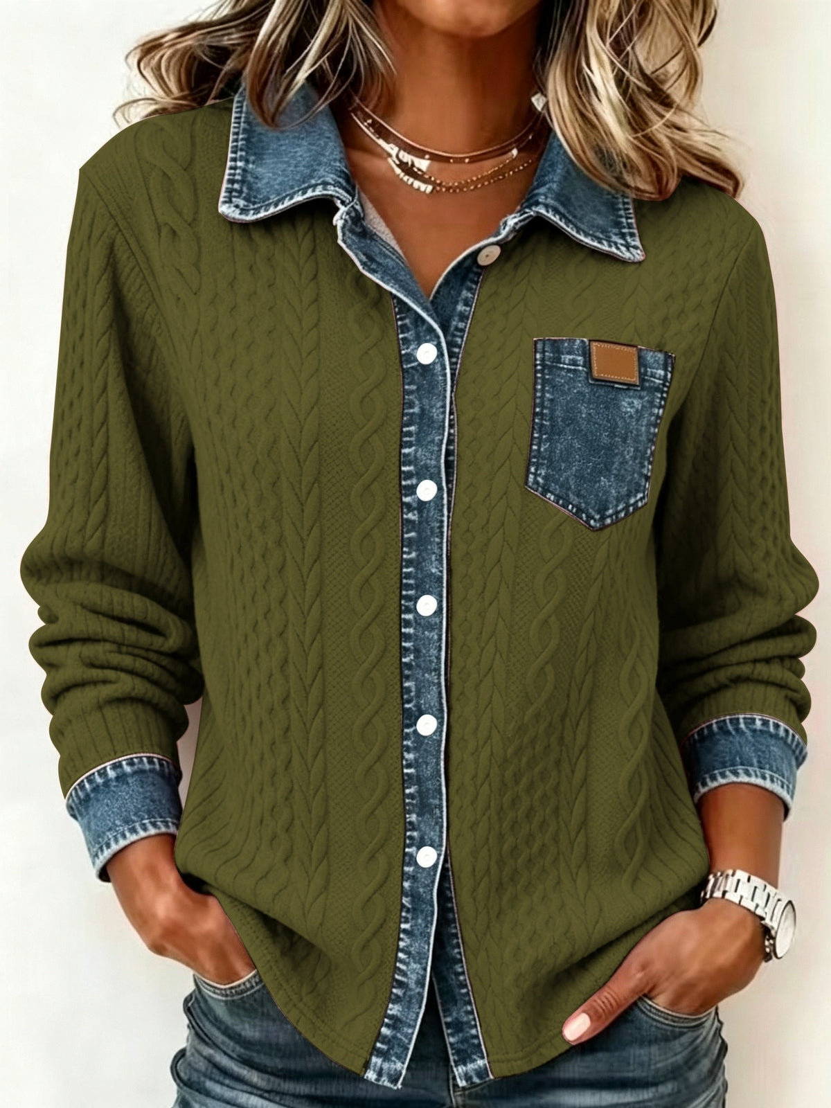 Florence | Cable Knit Denim Collar Button Up Shirt