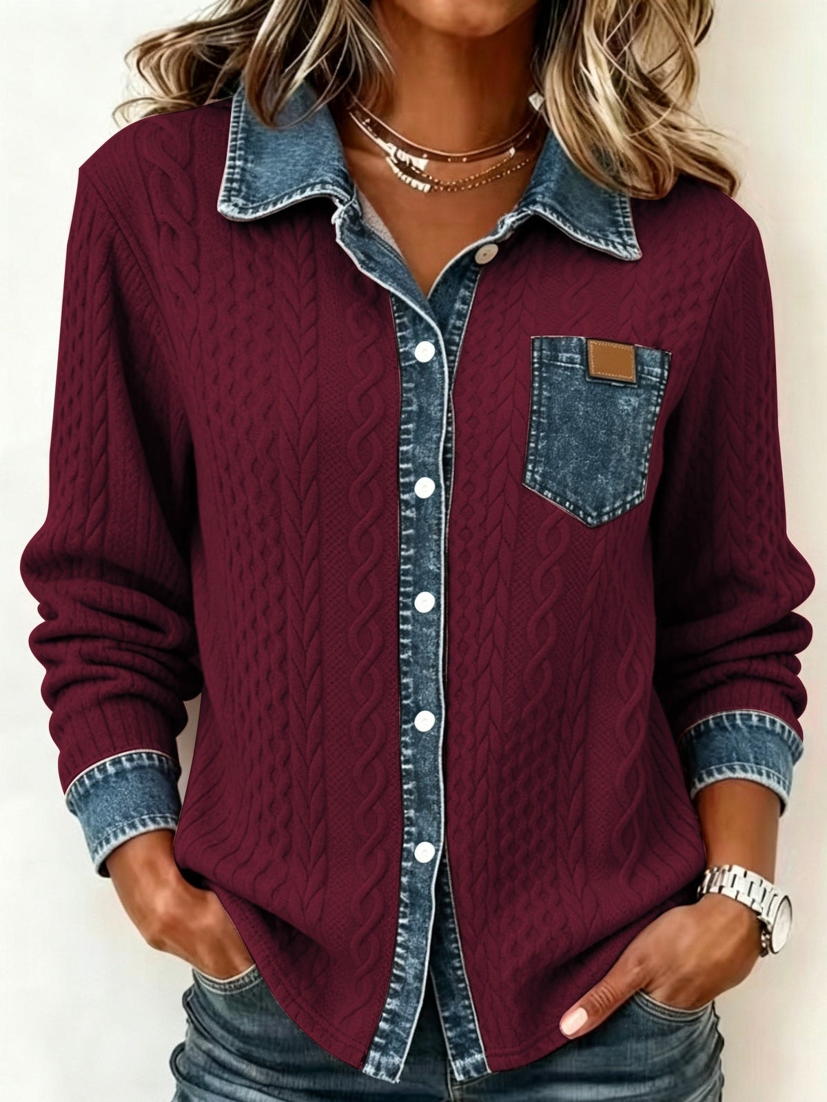 Florence | Cable Knit Denim Collar Button Up Shirt