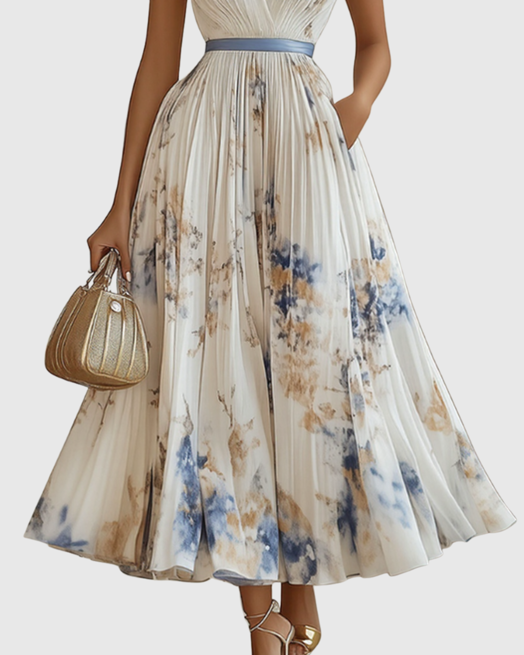 Aubrey | Floral Pleated V Neck Maxi Dress with Belt