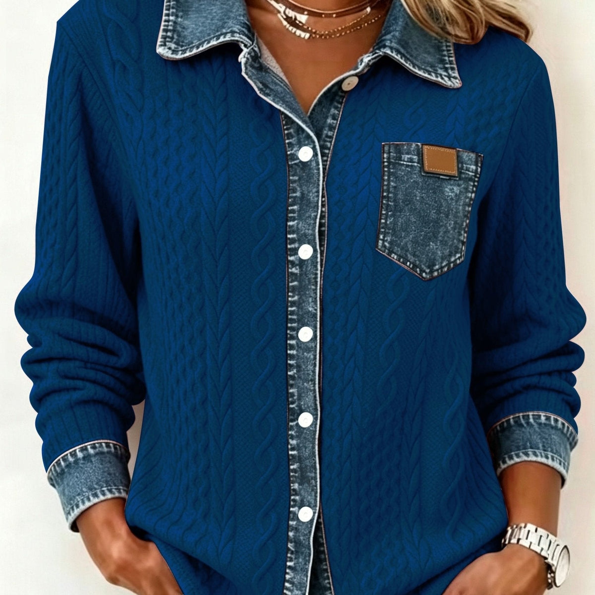 Florence | Cable Knit Denim Collar Button Up Shirt