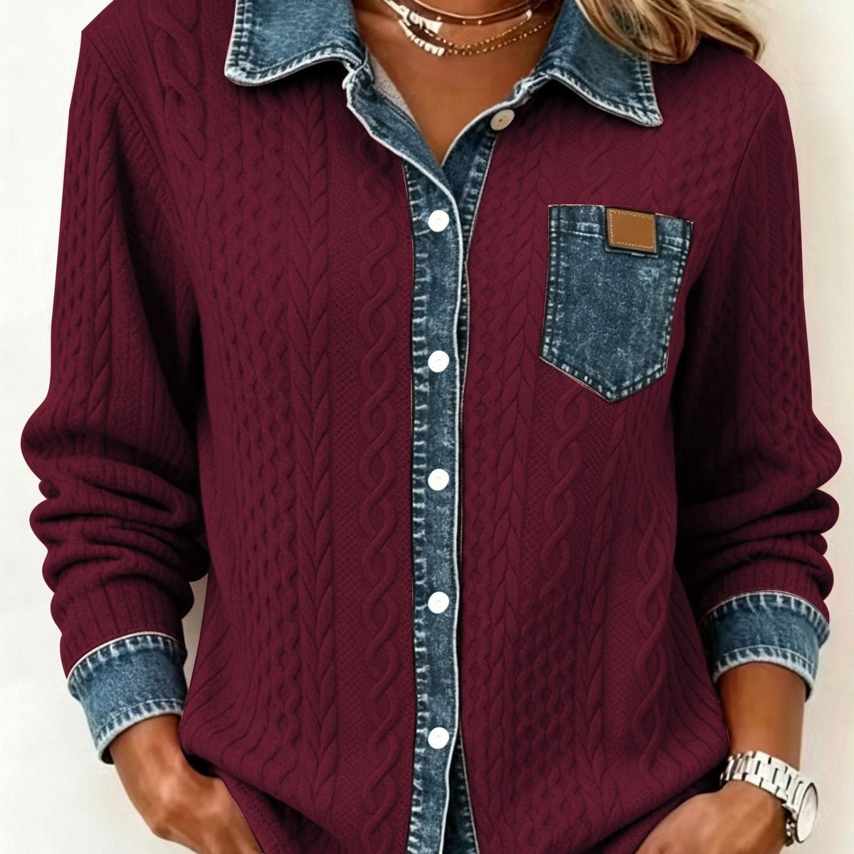 Florence | Cable Knit Denim Collar Button Up Shirt