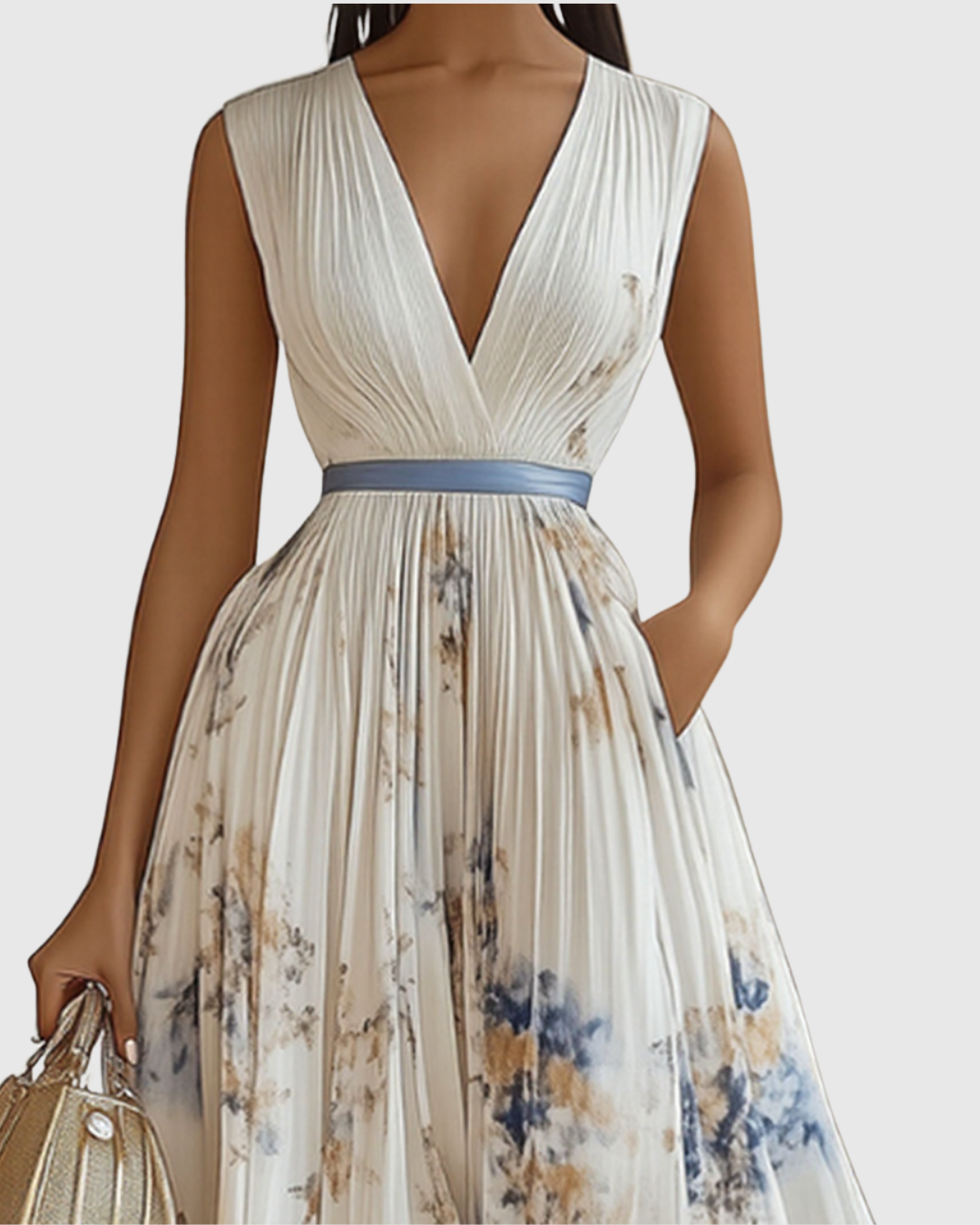Aubrey | Floral Pleated V Neck Maxi Dress with Belt
