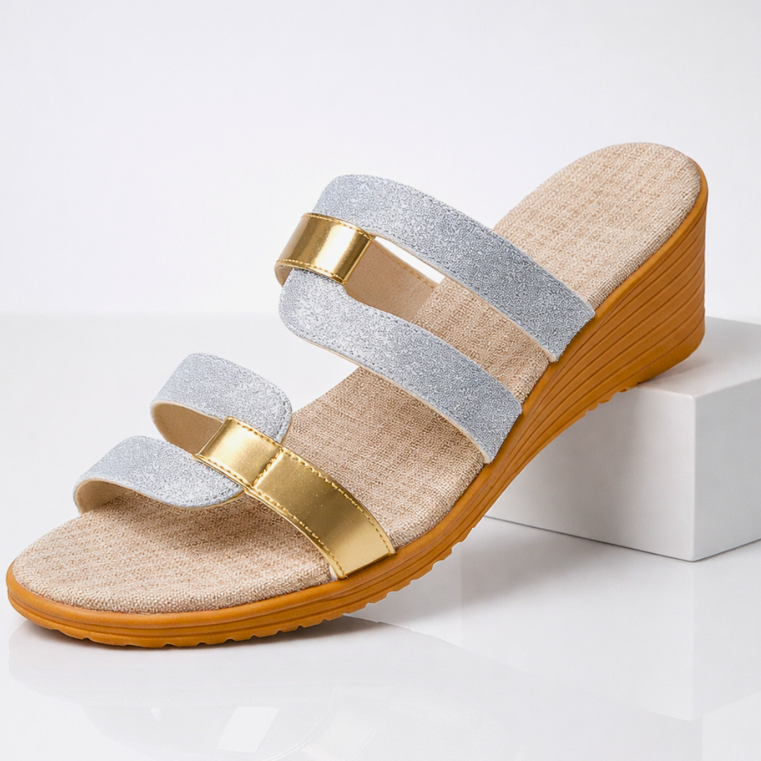 Georgia | Strappy Glitter Wedge Sandals with Metallic Straps