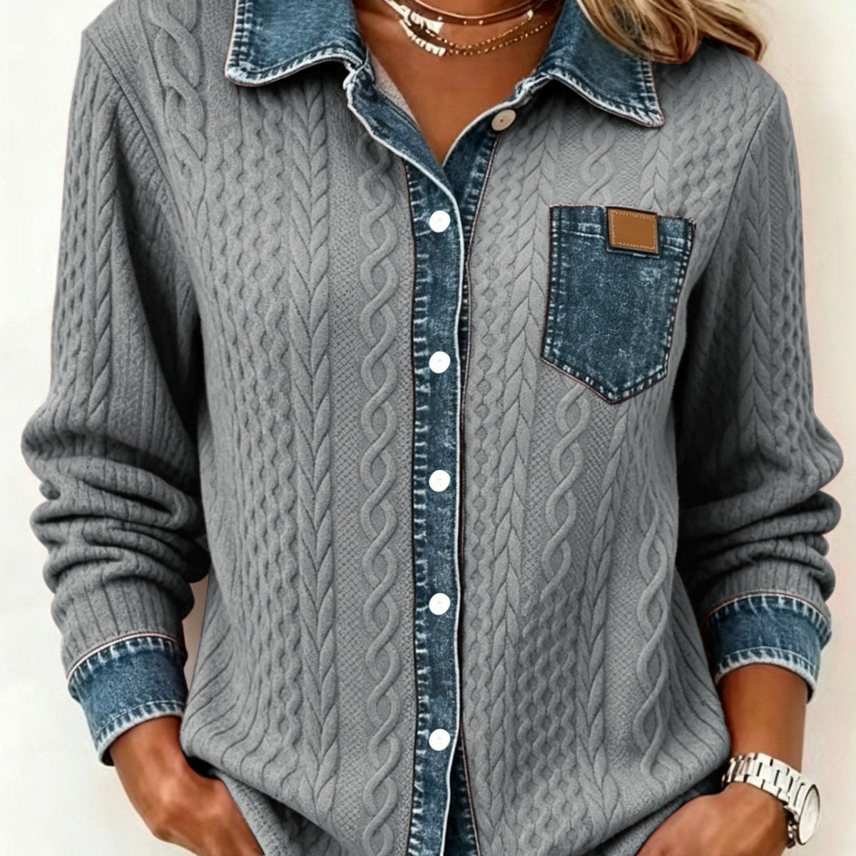 Florence | Cable Knit Denim Collar Button Up Shirt