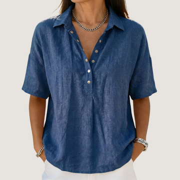 Phoebe | Oversized Button Up Shirt Short Sleeve Collared Blouse