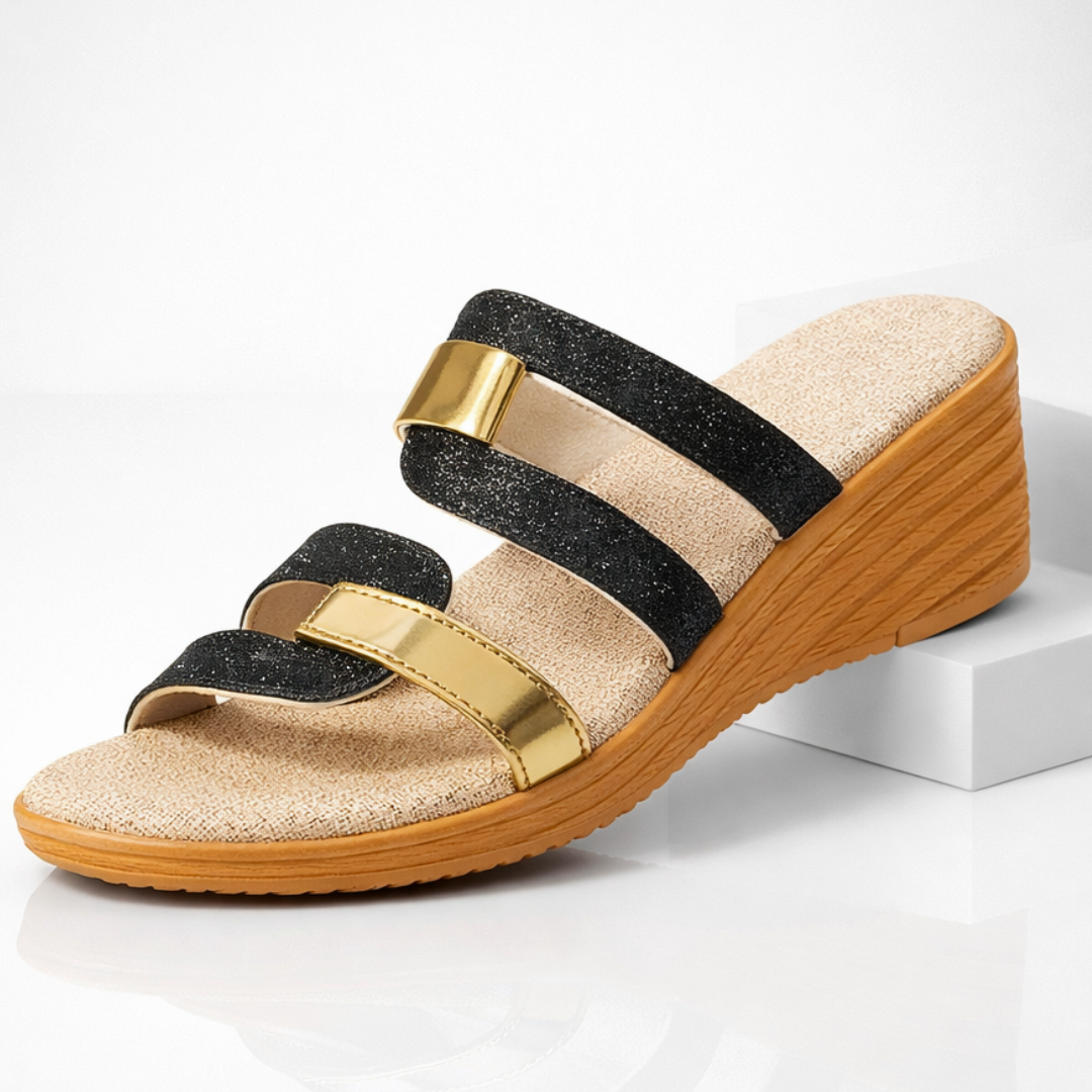 Georgia | Strappy Glitter Wedge Sandals with Metallic Straps