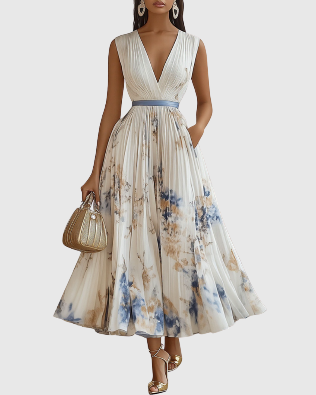 Aubrey | Floral Pleated V Neck Maxi Dress with Belt