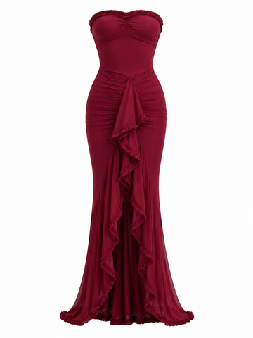 Freya | Strapless Red Ruffle Ruched Maxi Dress Evening Gown