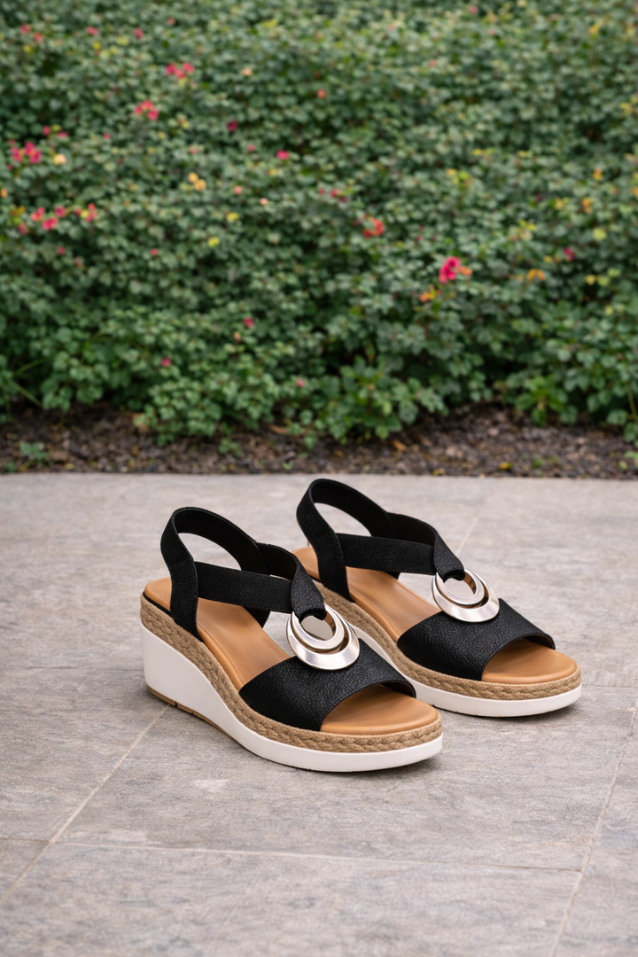 Mila | Black Ring Detail Wedge Sandals