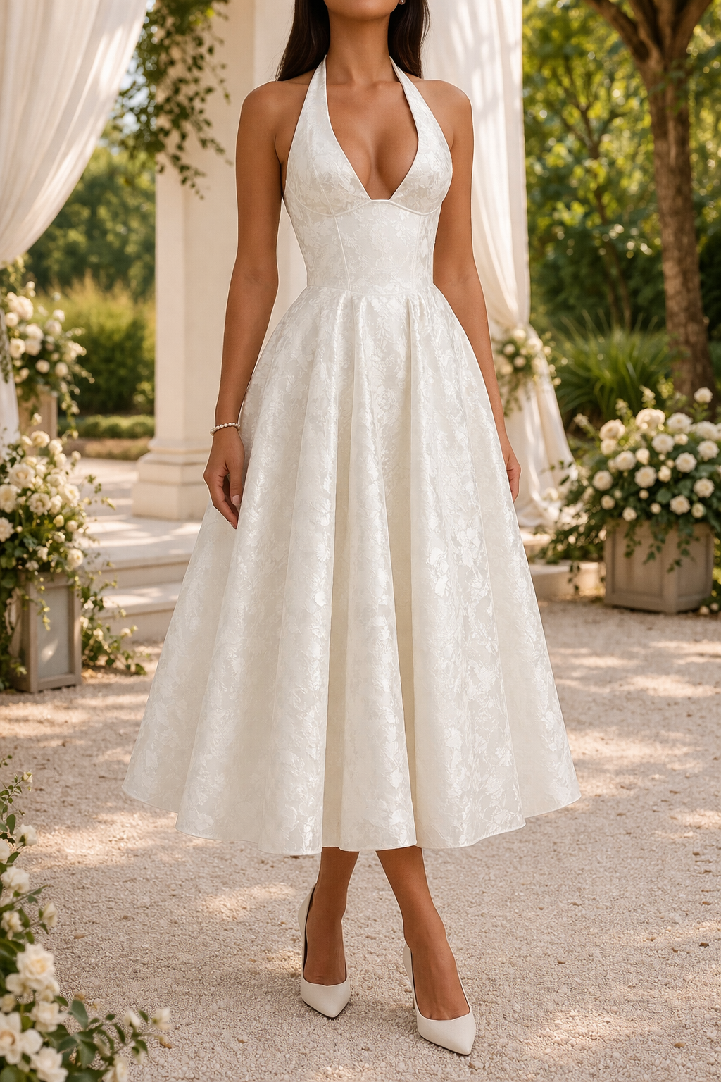 Amber | Halter Neck Jacquard Midi Dress Lace Up Back