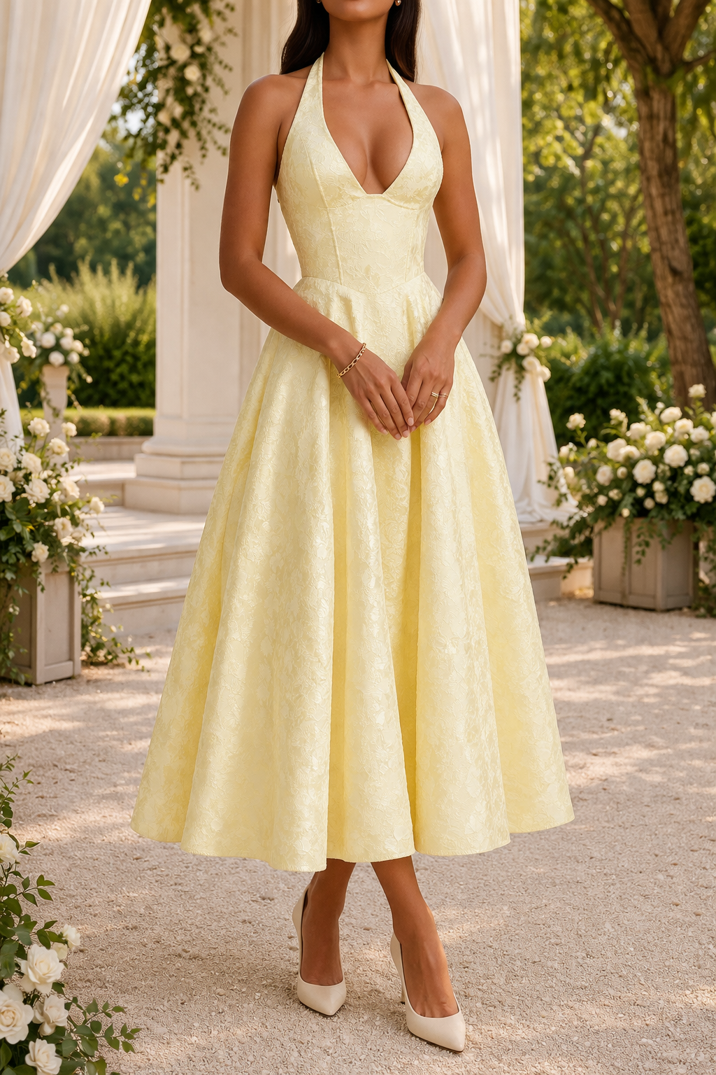 Amber | Halter Neck Jacquard Midi Dress Lace Up Back