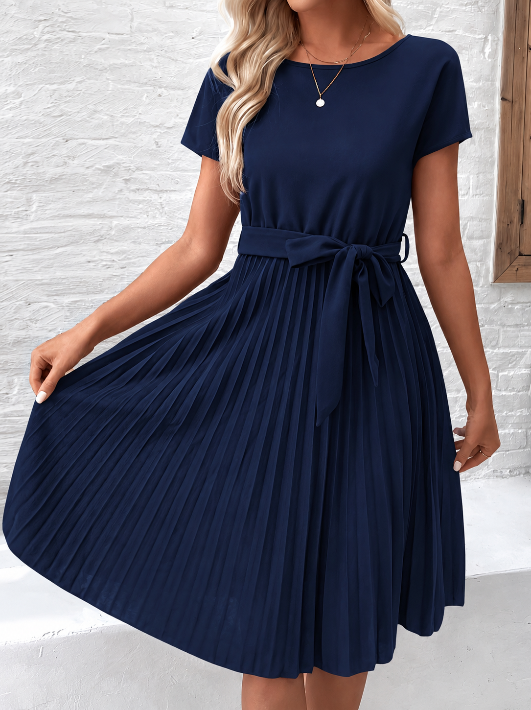 Aria | Pleated Midi Dress Tie Waist Short Sleeve