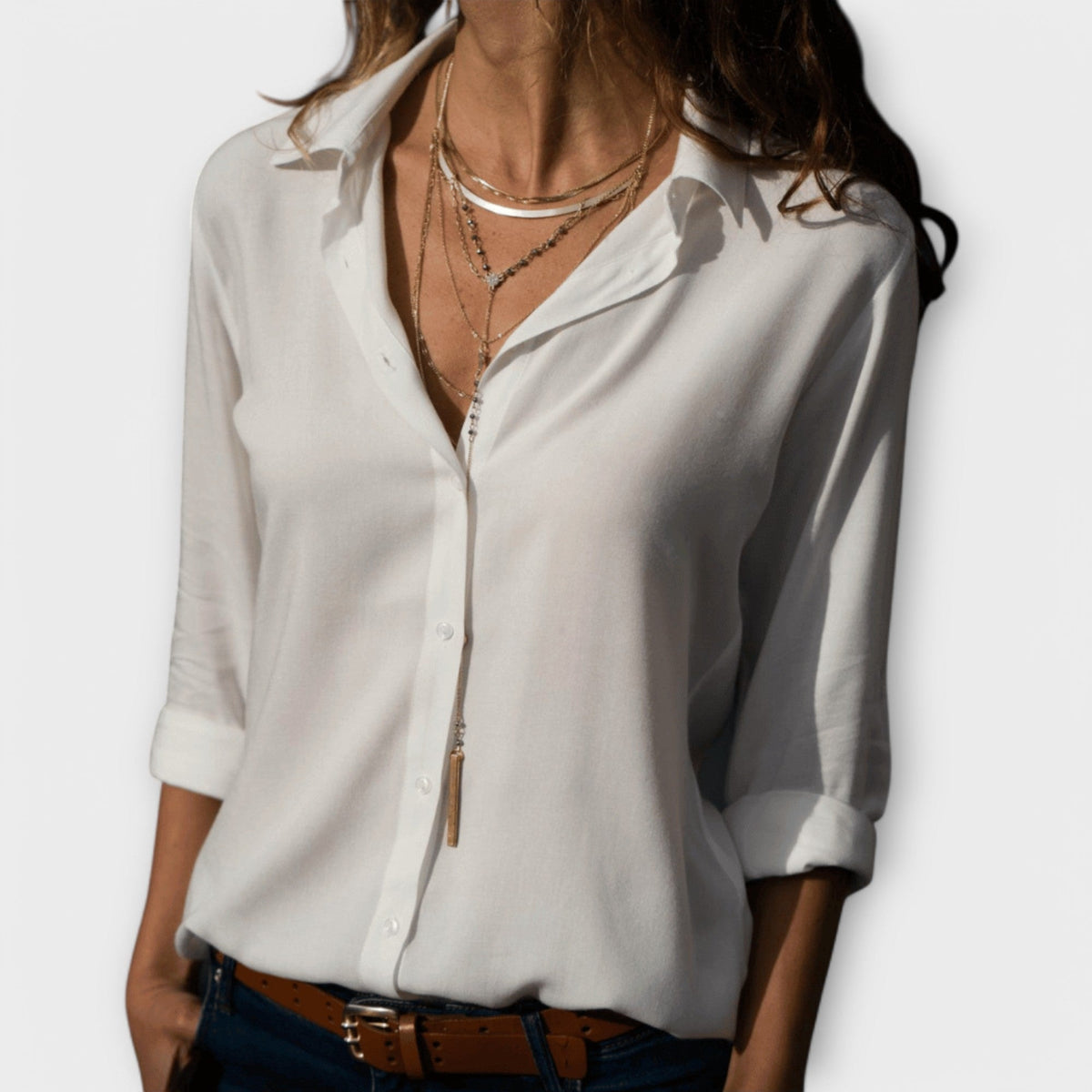 Poppy | Women's V Neck Button Up Shirt Roll Sleeve Blouse