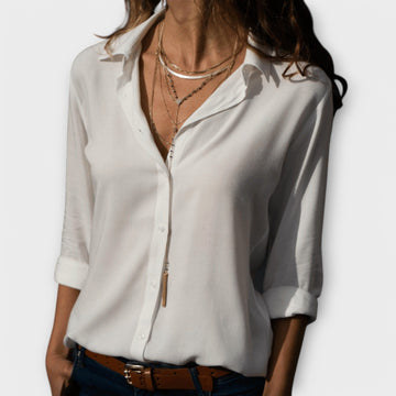 Poppy | Women's V Neck Button Up Shirt Roll Sleeve Blouse