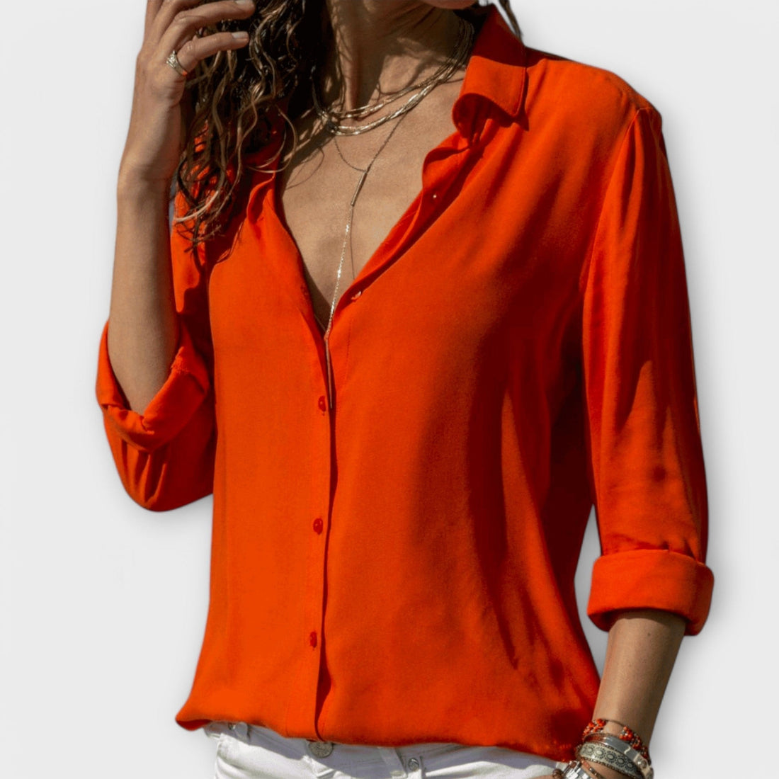 Poppy | Women's V Neck Button Up Shirt Roll Sleeve Blouse