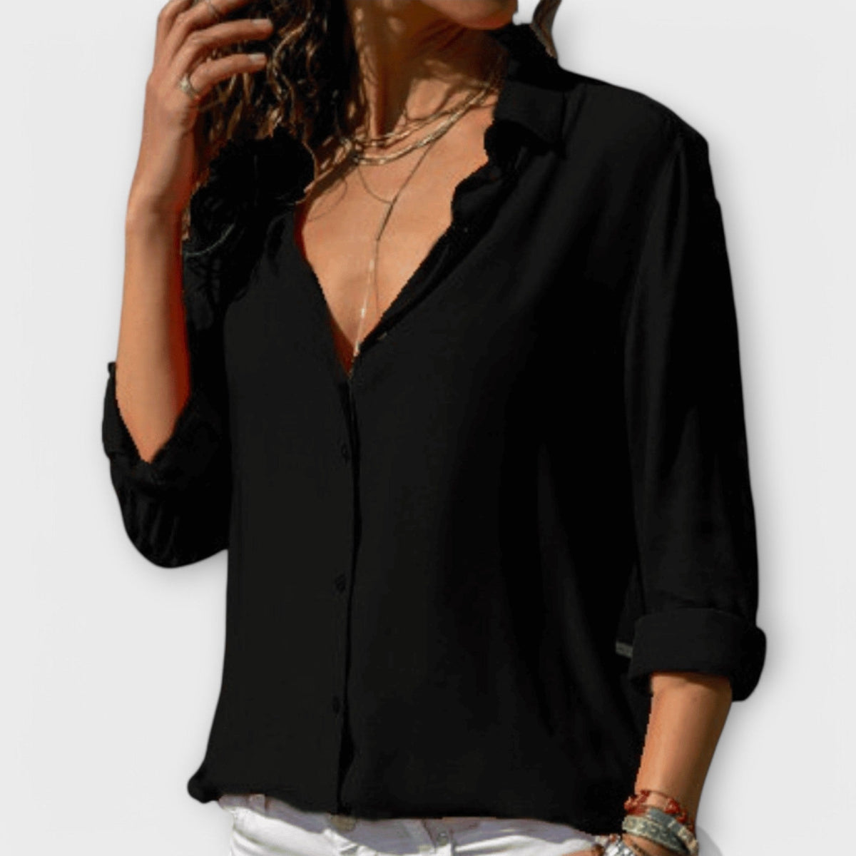 Poppy | Women's V Neck Button Up Shirt Roll Sleeve Blouse