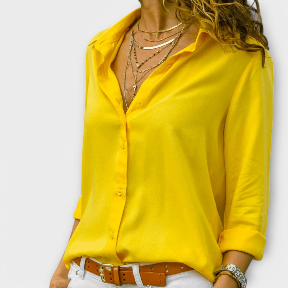 Poppy | Women's V Neck Button Up Shirt Roll Sleeve Blouse