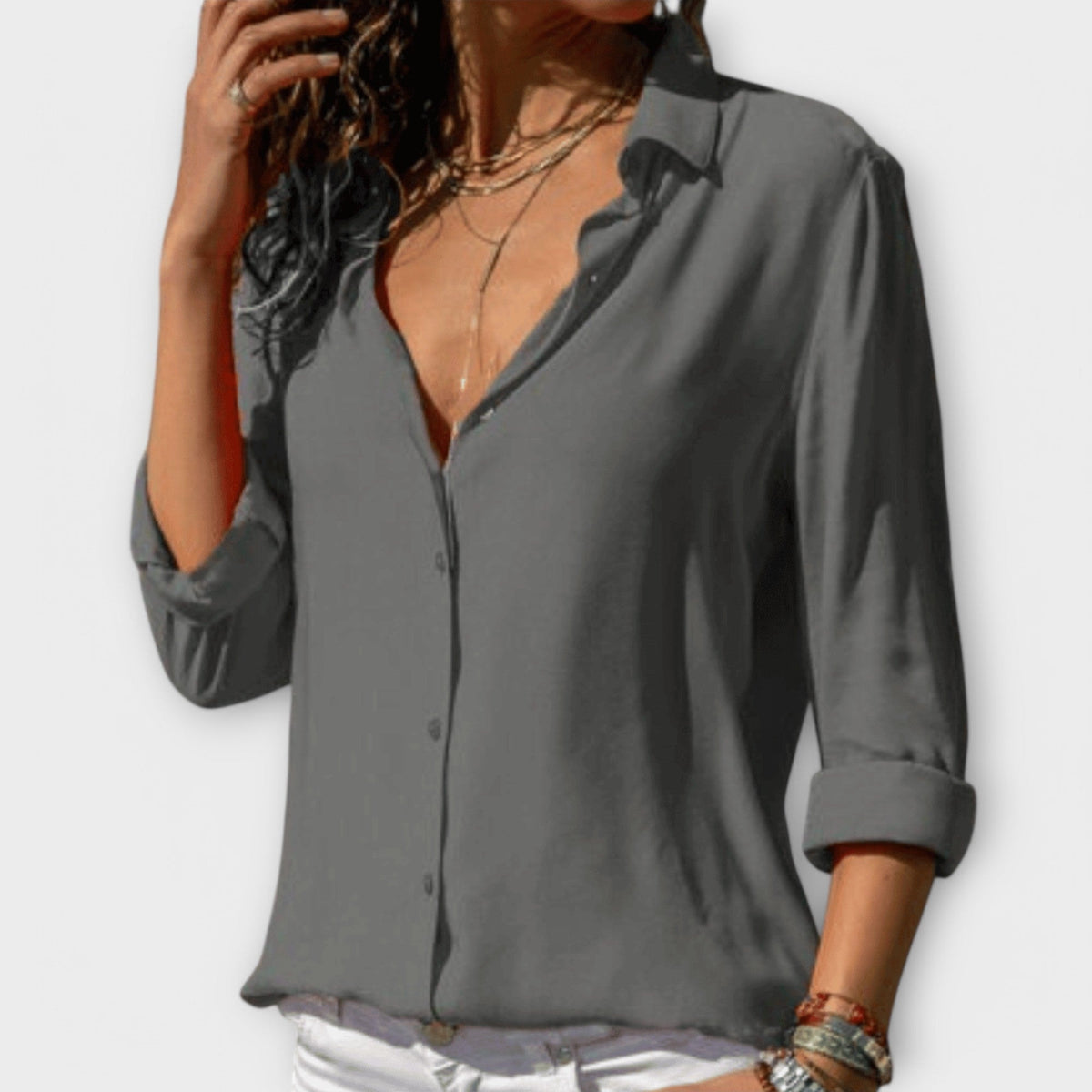 Poppy | Women's V Neck Button Up Shirt Roll Sleeve Blouse