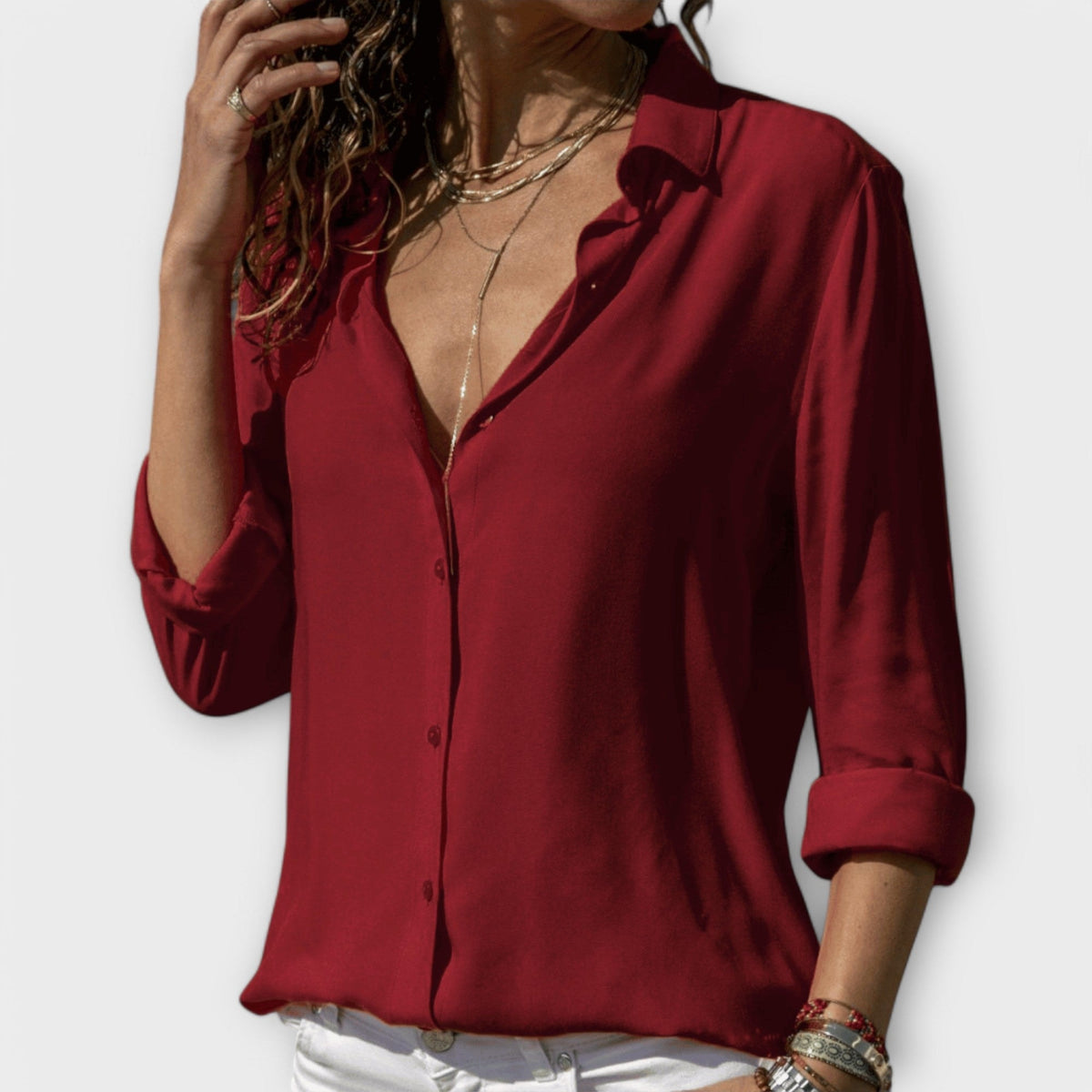 Poppy | Women's V Neck Button Up Shirt Roll Sleeve Blouse