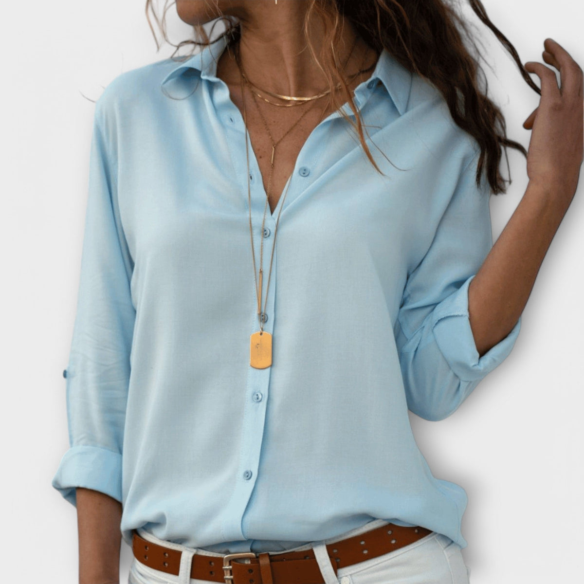Poppy | Women's V Neck Button Up Shirt Roll Sleeve Blouse