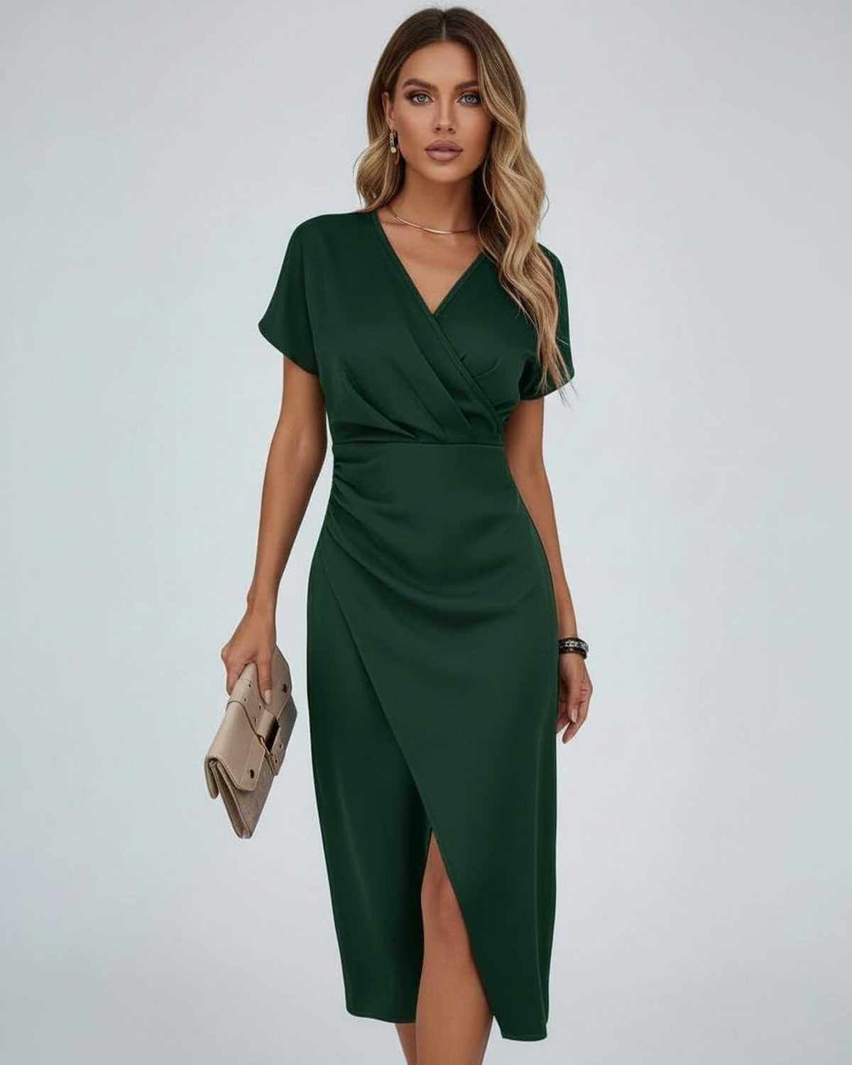 Adelaide | Wrap Midi Dress Draped Waist Split Hem Short Sleeve